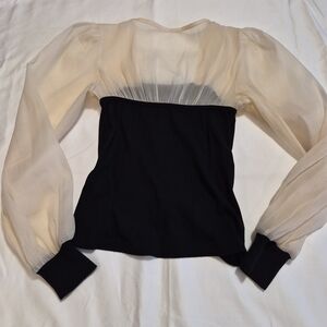 J.ING Black Ribbed Bodice Top with Cream Sheer Puff Sleeves